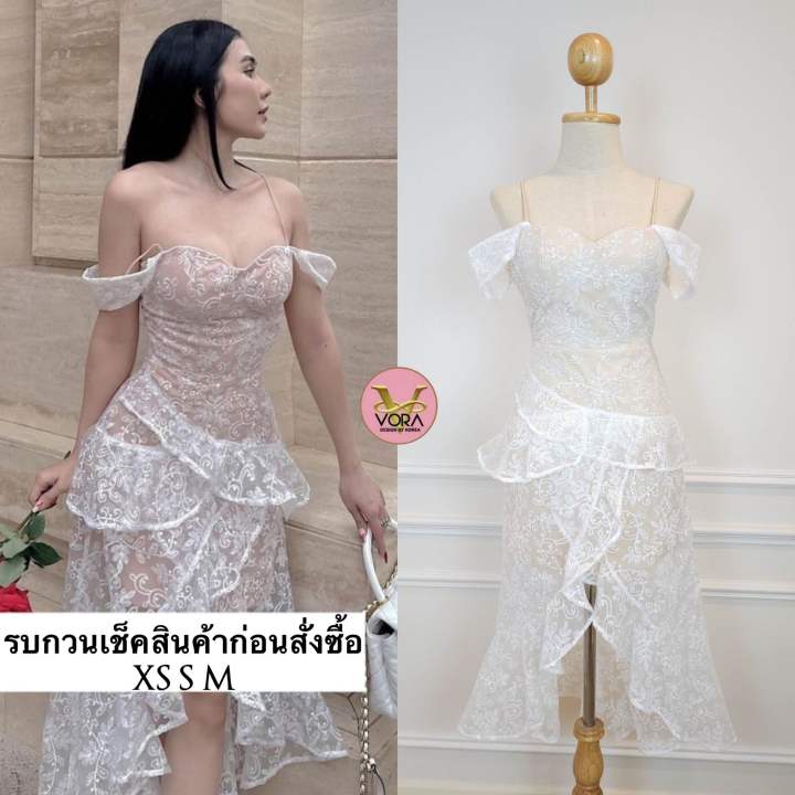 dress-สายเดี่ยวลูกไม้ตัวยาว-แต่งแขนเกาะไหล่-มีฟองน้ำจัดทรงให้ค่ะ-ช่วงกระโปรงแต่งระบายชั้น-ผ่ากระโปรงด้านหน้า-เนื้อผ้าลูก