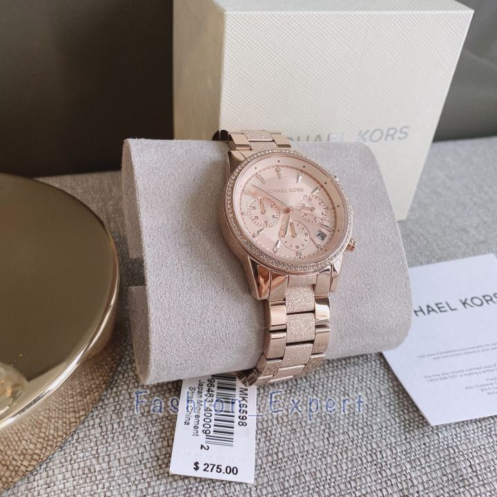 ของแท้100-นาฬิกาผู้หญิง-สีโรสโกลด์-michael-kors-mk6598-ritz-quartz-chronograph-rose