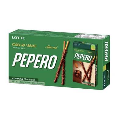Lotte Pepero Almond &amp; Chocolate 256g (32g x 8 packs) ลอตเต้ ขนมปังแท่งเคลือบช็อกโกแลตและอัลมอนด์