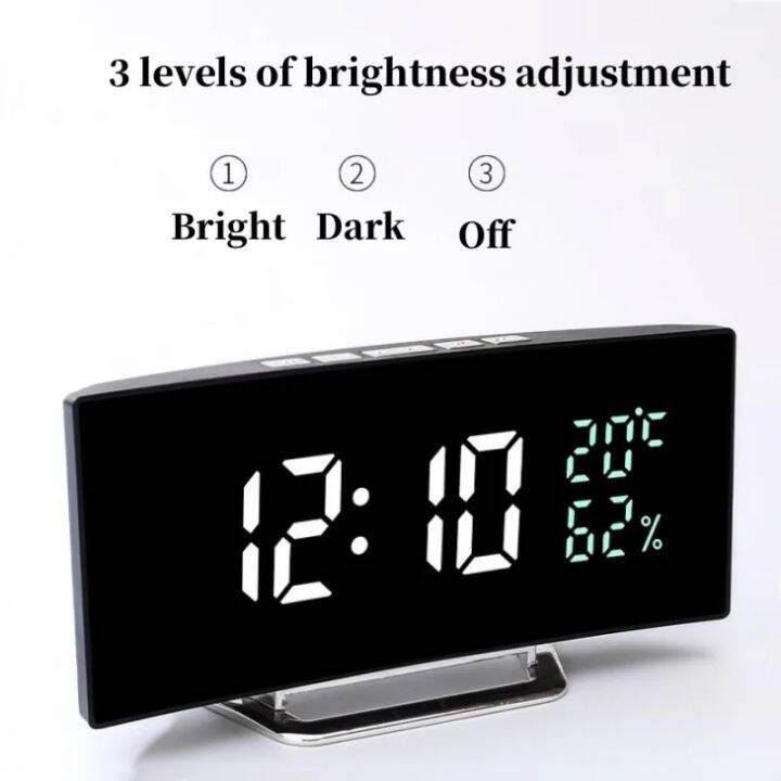 Curved Screen Digital Alarm Clock Temperature Humidity 3 Alarms
