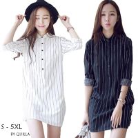 เสื้อเชิ้ตยาว ชุดเดรสยาว QUILLA Plus Size Striped Womens Dress ในรูปสีกลม แต่สีจริงคือสีดำ