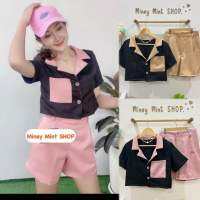 miniminey พร้อมส่ง!! ?Crop Set ชุดเซตน่ารักมากๆ เสื้อครอปแขนสั้นกระดุมหน้าคอปก+กางเกงขาสั้น