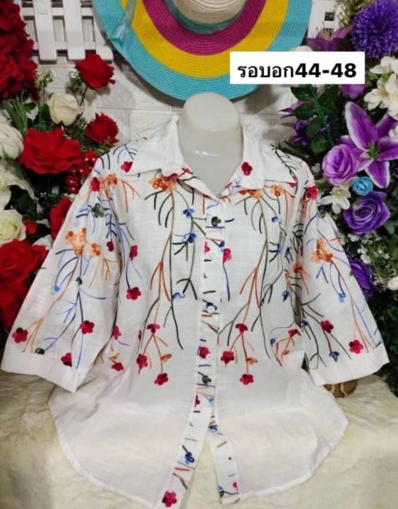 เสื้อสาวอวบ-งานผ้าลินินลายปักหวานๆปกเชิ้ตฟรีไชต์-รอบ48นิ้ว-ยาว26นิ้ว-ทรงคุณนายสุดๆ-เป็นของฝากก็ถูกใจค่ะ