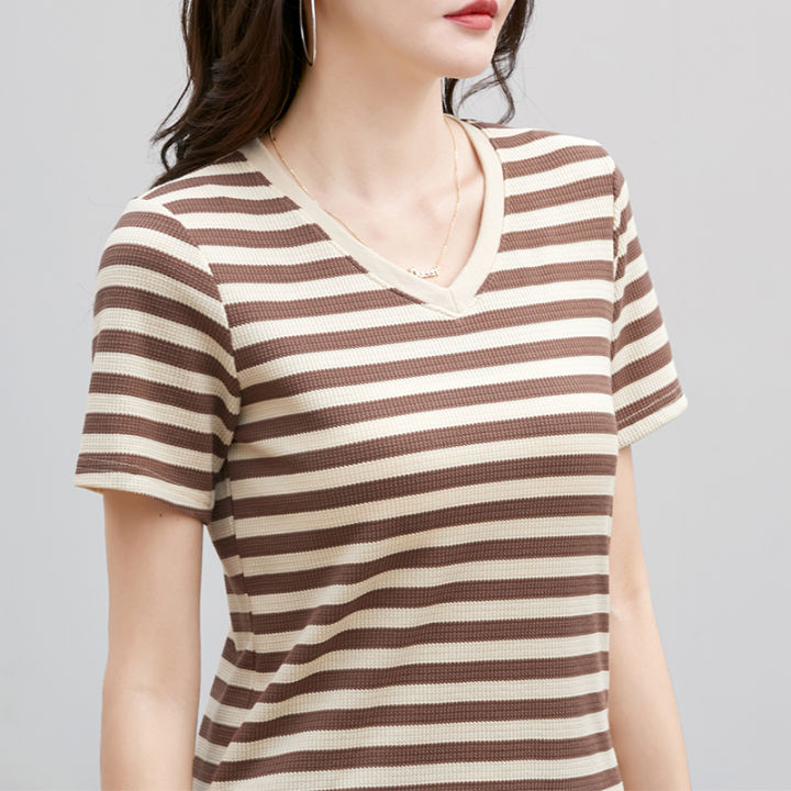 Langwyqu Stripe Sleeve Women V-Neck Casual Simple T Shirt 