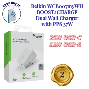 Belkin WCB007myWH BOOST↑CHARGE Dual Wall Charger with PPS 37W years  warranty (25W USB-C, 12W USB-A) Lazada