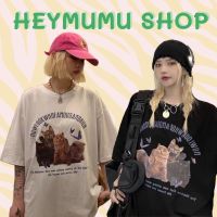 ?Heymu?เสื้อยืดหญิง ลายแมวน้อย ใส่สบาย 2สี 4 ไซส์