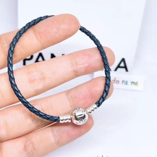 Pandora Moments Round Clasp Blue Braided Leather Bracelet