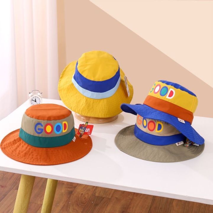 หมวกบักเก็ตเด็ก1ปี-10ปีรอบศีรษะ52-54cmผ้าต่อสลับสีงานสกรีนตัวอักษร-good-หมวกบัคเก็ตแฟชั่น