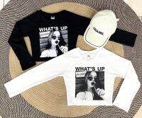 Npshop เสื้อครอปแขนยาว สกรีน what up พร้อมส่ง