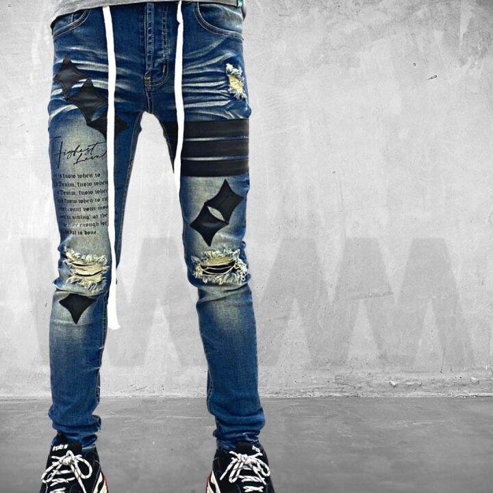 ใหม่ล่าสุด-denim-style-กางเกงยีนส์ฟอกคาดแถบลายดาวกระจาย-ลายไม้กางเขน-ลายสายฟ้าตัวใหม่สุดพร้อมเข็มขัดผ้าหรือเชือกตรงรุ่น