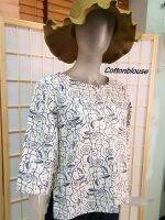 Cottonblouse  D014 เสื้อผ้าฝ้ายเมืองพิมพ์ลาย คอกลม แขนสี่ส่วน เบลาส์ใส่สบายๆ แฟชั่นทำงานและลำลอง