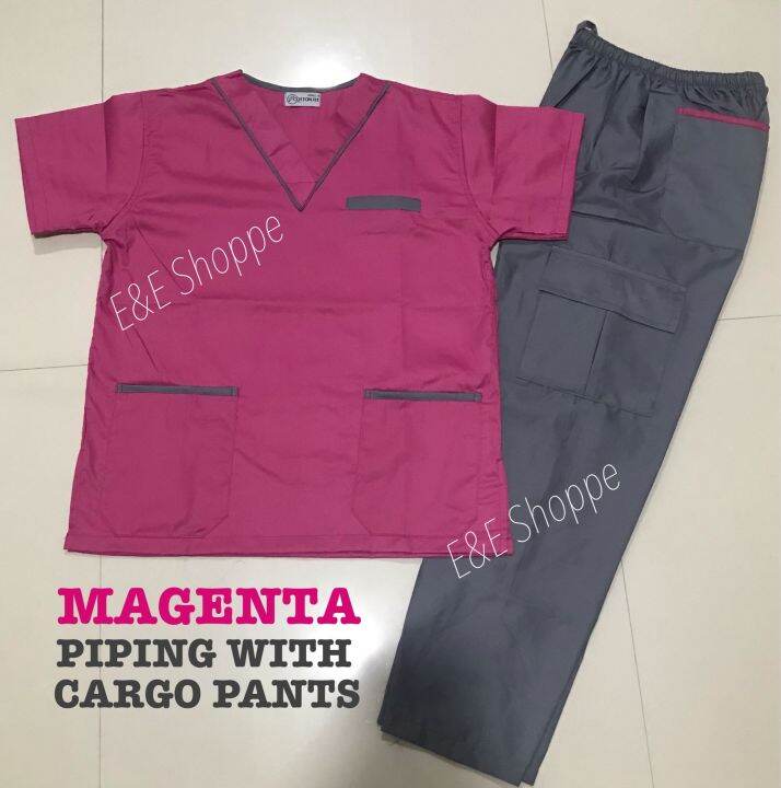 Scrub Suit Set Unisex Magenta Piping With Cargo Pants Lazada Ph 6736