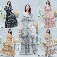 Maxi dress เดรสทรงยาวเปิดไหล่ ชายเดรสแต่งระบาย