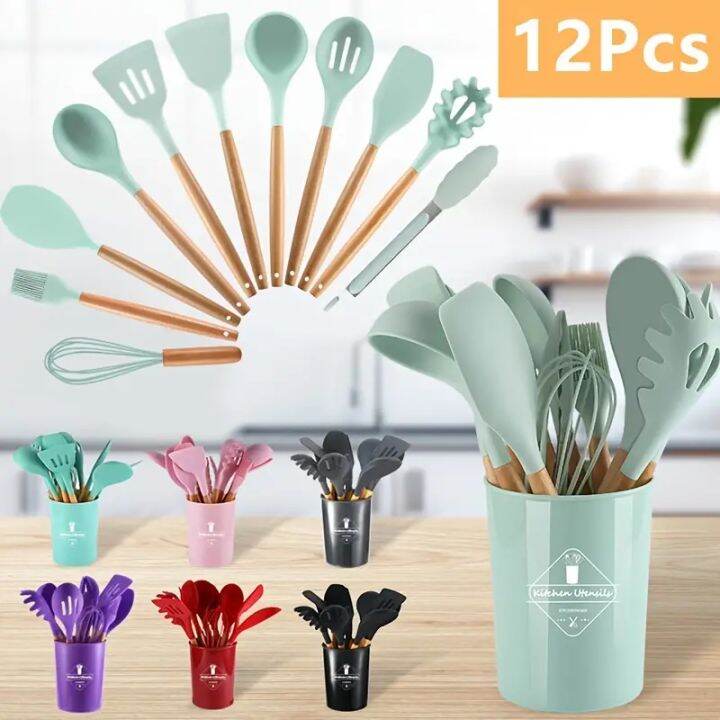 12pcs Silicone Cooking Utensils, Kitchen Utensil Set Bamboo Wooden