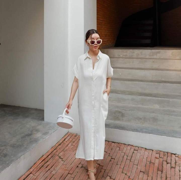 linen-maxi-dress-ชุดเดรสลินินทรงปล่อย-แต่งกระเป๋า-2-ข้างผ้าลินิน-ชุดเดรสตัวยาว-เดรสเชิ้ตลินินแท้