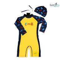 SwimFly Long Sleeve Wetsuit for Kids ชุดว่ายน้ำรักษาอุณหภูมิแบบแขนยาว พร้อมหมวกว่ายน้ำ สำหรับเด็กลายหุ่นยนต์ (สีเหลือง/น้ำเงิน)