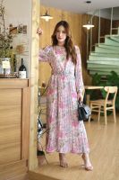 ✨Floral Maxi Dress ชุดเดรสตัวยาว ผ้าชีฟองลายดอกชุดอัดพลีทแขนยาวกระโปรงยาว