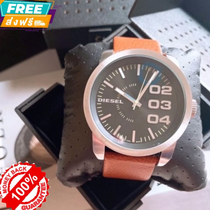 นาฬิกาข้อมือผู้ชาย-diesel-mens-double-down-46-three-hand-brown-leather-watch-size-53mm-รับประกันของแท้-100