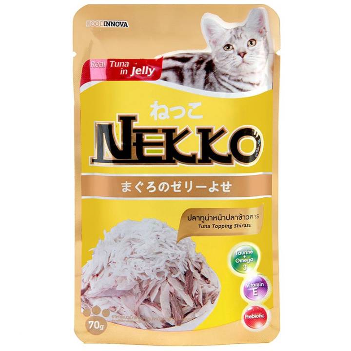 nekko-อาหารเปียกน้องแมว-ขนาด-70-กรัม-ทำจากเนื้อสัตว์ที่ได้คุณภาพมาตรฐาน-มีกลิ่นหอมและรสชาติที่แสนอร่อย