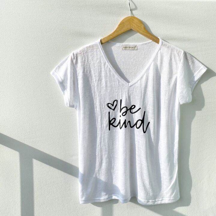 เสื้อยืดผ้าสลาฟลายสกรีนอักษร-be-kind-อก-36-ยืดได้ถึง-42-ผ้าสลาฟ