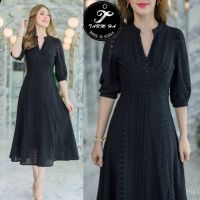 เดรสดำออกงาน!!! S-6XL Maxi Dress เดรสสีดำแขนศอกผ้าฉลุลาย งานป้าย Tarm Ha