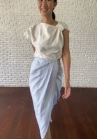 TuTTi  Marigold Linen Wrap Skirt กระโปรงป้ายสำเร็จ ผ้าลินิน สีฟ้า เสื้อผ้าแฟชั่นสตรี