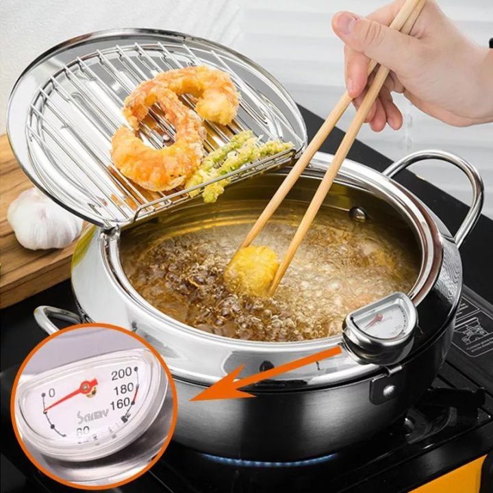 Deep Fryer Pot, Japanese Tempura Small Deep Fryer Stainless Steel Frying  Pot With Thermometer,Lid And Oil Drip Drainer Rack for French Fries Shrimp