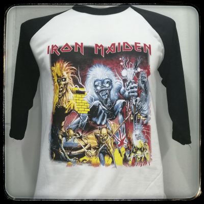 เสื้อวง​Iron​Maiden​แขน​สา​มส่วน​ผ้า​บาง​สีขาวแขนดำ