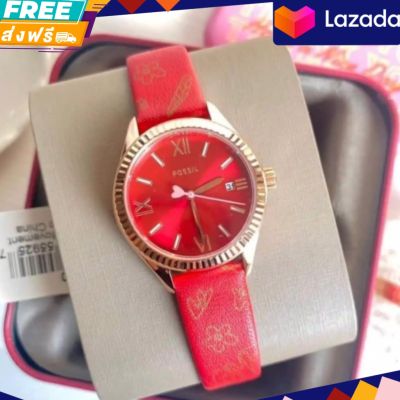 นาฬิกาข้อมือผู้หญิง Fossil Rye Three-Hand Date Red Leather Watch BQ3770 30มม