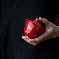 Jingdezhen มือวาดทอง Gaiwan ชุดน้ำชาเซรามิคเลียนแบบชามชาร้อนครัวเรือนกาน้ำชา Gaiwan สีแดงชุดหนึ่ง Gaiwan และสามถ้วยชา