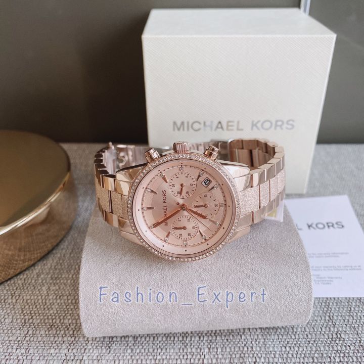 ของแท้100-นาฬิกาผู้หญิง-สีโรสโกลด์-michael-kors-mk6598-ritz-quartz-chronograph-rose