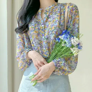 Long Sleeve Shirts for Women, V-Neck Flowers Decor Baggy Chiffon