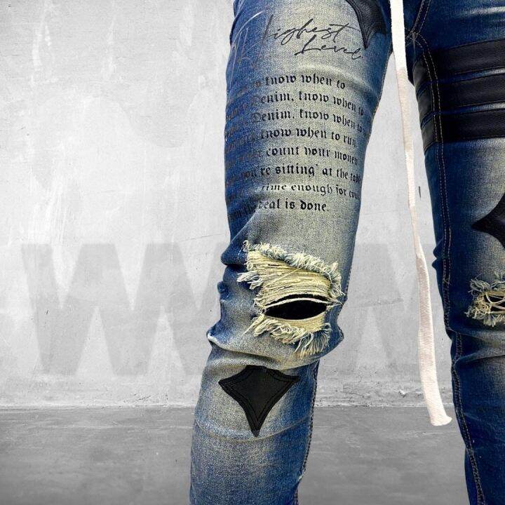 ใหม่ล่าสุด-denim-style-กางเกงยีนส์ฟอกคาดแถบลายดาวกระจาย-ลายไม้กางเขน-ลายสายฟ้าตัวใหม่สุดพร้อมเข็มขัดผ้าหรือเชือกตรงรุ่น
