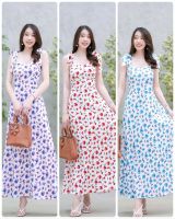 Maxi dress ผูกโบว์ไหล่ลายดอกไม้ สายผูกเองปรับระดับได้ มีสม๊อคด้านหลัง มีซับใน