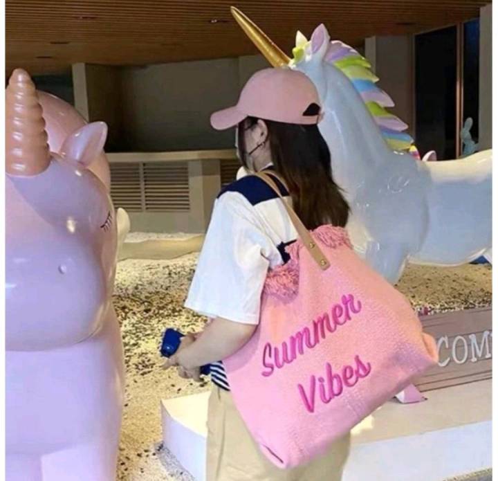 กระเป๋าผ้าแคนวาสลายปัก-summer-vibes-ใบใหญ่จุของได้เยอะงานสวยแบบน่ารักไม่ไก่กาแน่นอนค่ะ-ของจริงสวยเหมือนในรูปเลย