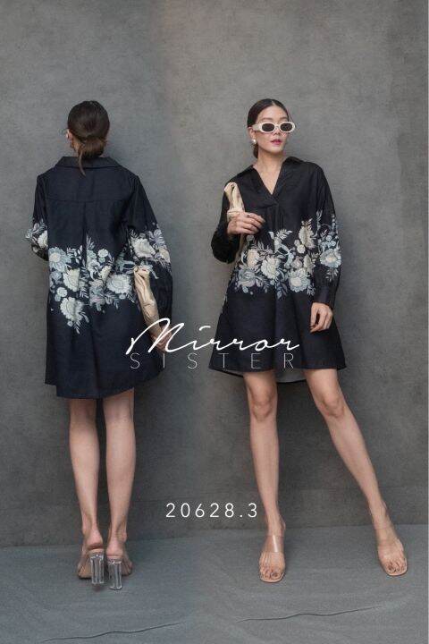 mirrorsister-20628-3-เดรสเชิ้ตคอวีมีปก-เดรสสั้น-มินิเดรส-เดรสแขนยาว-ชุดไปเที่ยว-เดรสลายดอก-ชุดทำงาน-เดรสสีสดใส