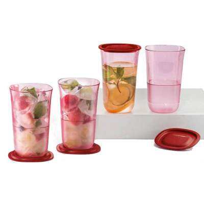 Tupperware Blossom Tall Glass 400ml แก้วน้ำทัพเพอร์แวร์ เนื้อพลาสติกแข็งใส มาพร้อมฝาปิดที่เปลี่ยนเป็นที่รองแก้วได้