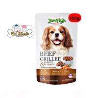 Jerhigh Pouch Beef Grilled &amp; Carrot in Gravy (120 g.) อาหารสุนัขแบบเปียก รสเนื้อวัวย่างและแครอทในน้ำเกรวี่ ฝ