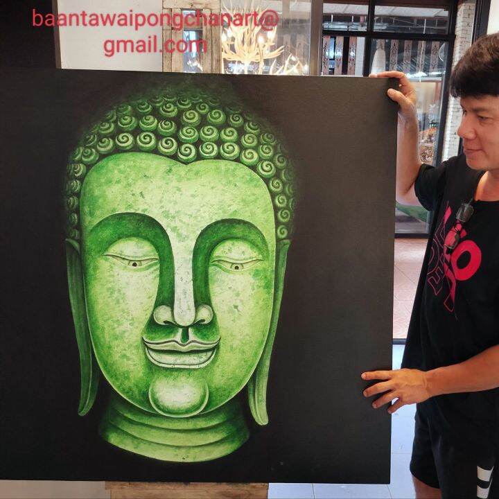 ภาพวาดหน้าพระพุทธรูปในผืนผ้าใบอยู่บนเฟรมไม้ขนาด100-100-3ช-ม-เทคนิคสีน้ำอะคริลิคงานแฮนด์เมด-100-จากฝีมือศิลปินระดับอาจารย์-ภาพวาดติดผนัง