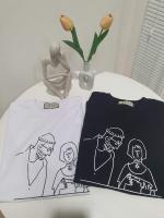 Oversized เสื้อยืดโอเวอร์ไซส์ลายรูปวาดสองคน ขาวดำ