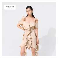 Beige Satin Ruffle Asymmetric Dress - เดรสสีนู๊ด