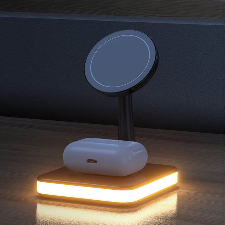 LED Light 3 in 1 Wireless Charger Stand Macsafe + USB Port For