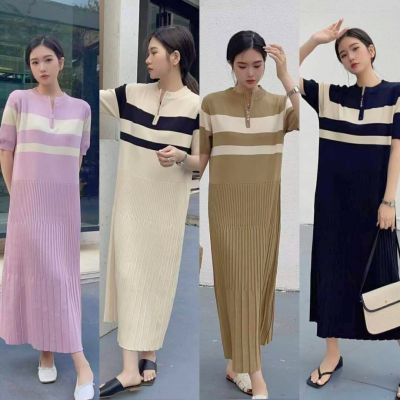 Knitting Dress เดรสไหมพรมแขนจั้ม แต่งดีเทลซิปอก ทอสลับสี กระโปรงอัดพลีทเล็กๆ เรียบหรูดูแพง