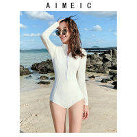 Aimeic ชุดว่ายน้ำแขนยาวสีขาวสำหรับฤดูใบไม้ผลิและฤดูร้อนแบบใหม่ชุดว่ายน้ำวันพีซใส่แช่น้ำพุร้อนสำหรับผู้หญิงชุดว่ายน้ำกันแดดสำหรับโต้คลื่นดำน้ำดูปะการัง bn