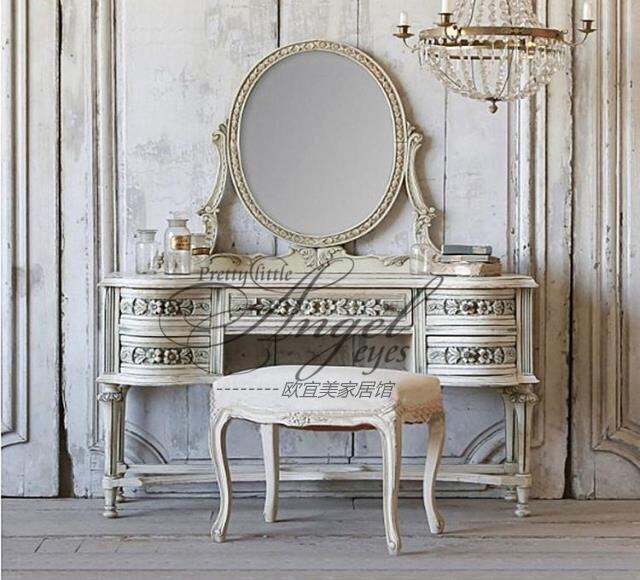 American Country Retro Distressed Solid Wood Dressing Table Carved