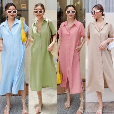 Linen​ Maxi​ Dress​ ชุดเดรสลินินทรงปล่อย แต่งกระเป๋า 2 ข้างผ้าลินิน ชุดเดรสตัวยาว เดรสเชิ้ตลินินแท้