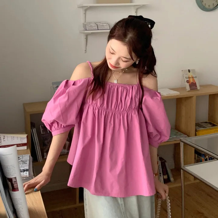French Style Puff Sleeve offShoulder Strap Shirt Lazada