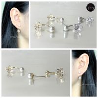 ต่างหูเพชร CZ งานเพชรดอกไม้จิ๋ว สไตล์ Two ways earrings ก้านเงินแท้