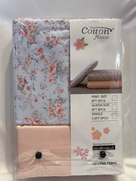 ผ้าปูที่นอนลายดอกไม้-cotton-house-รุ่นผ้าไข่มุกญี่ปุน-ขนาด-6-ฟุต-5-ฟุต-3-5ฟุต-มี-5-ชิ้น-ปลอกหมอน-2-ปลอกหมอนข้าง-2-ผ้าปู-1-ความสูง-10-นิ้ว-เฉพาะ-3-5-ฟุต-มี-3-ชิ้น