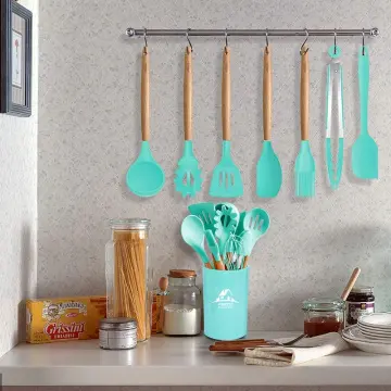 14 Pcs Silicone Cooking Kitchen Utensils Set with Holder, Wooden Handles  BPA Free Silicone Turner Tongs Spatula Spoon Kitchen Gadgets Utensil Set  for Nonstick Cookware (Green)